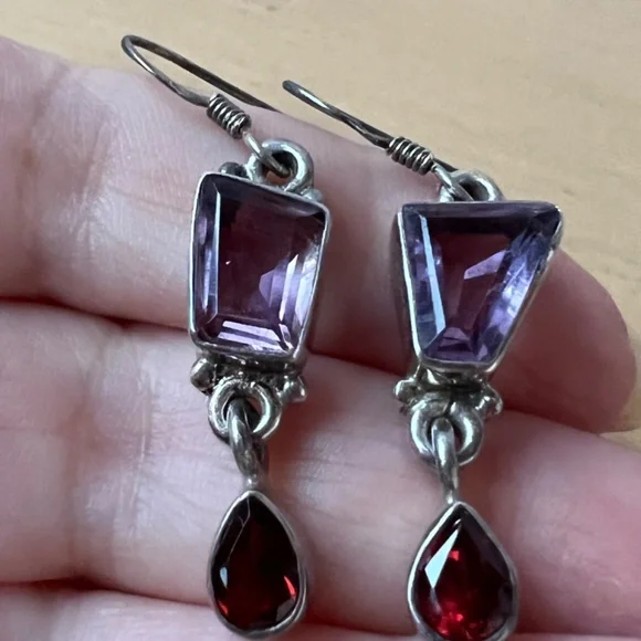 VINTAGE AMETHYST GARNET DROP DANGLE LONG EARRING925 STERLING SILVER UNIQUE CUT